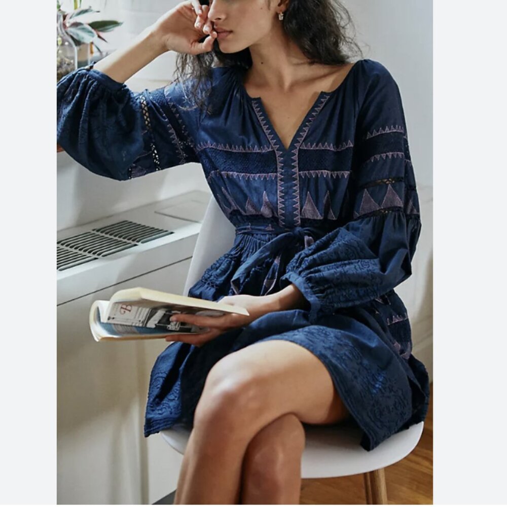 By Anthropologie Skye Embroidered Mini Dress Cotton Navy Long Sleeves Size XS